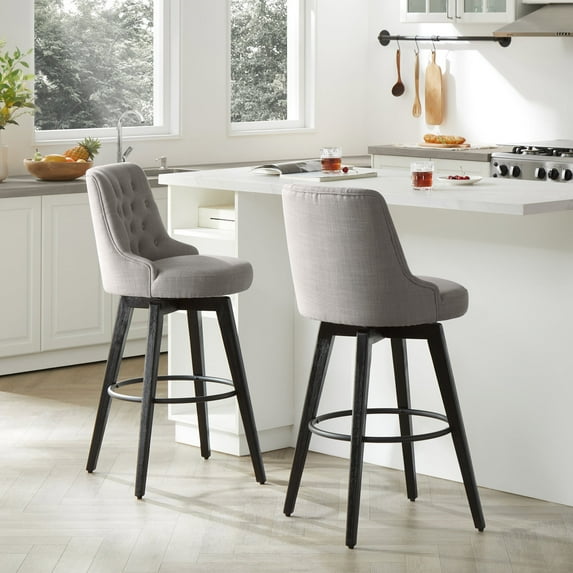 CHITA 30 inch Swivel Upholstered Counter Height Bar Stools with Tufted Back Set of 2, Fabric in Flint Gray