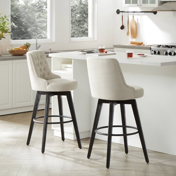 CHITA 30 inch Swivel Upholstered Counter Height Bar Stools with Tufted Back Set of 2, Fabric in Linen