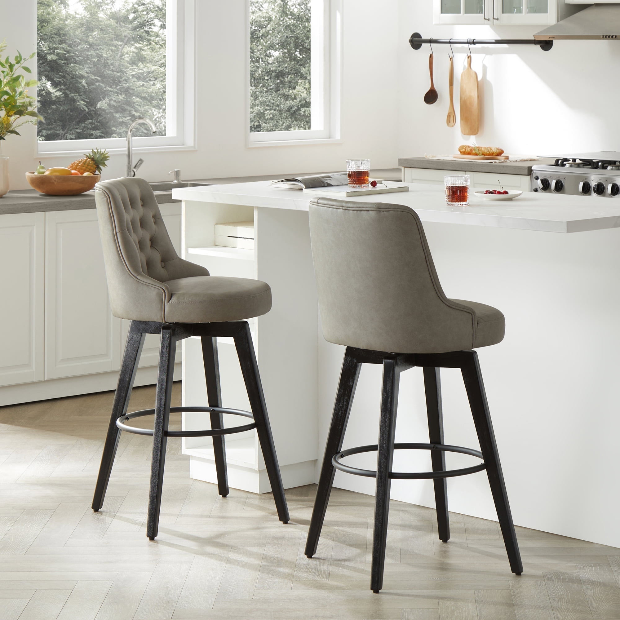 CHITA 30 inch Swivel Upholstered Counter Height Bar Stools with Tufted Back Set of 2 Faux Leather in Stone Gray Walmart Business Supplies