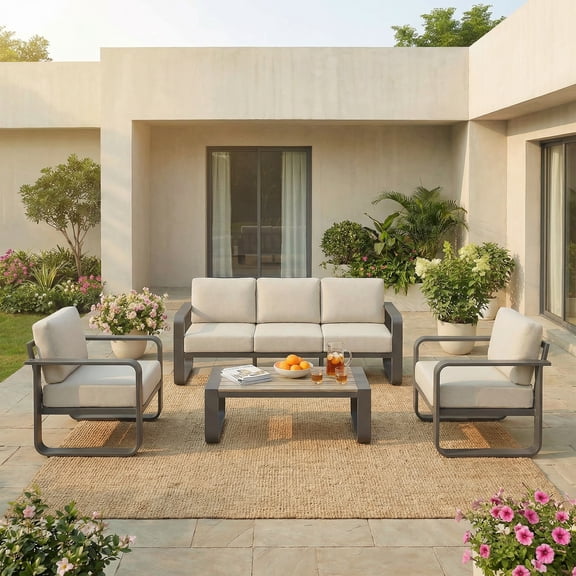 ReNest 4-Piece Patio Conversation Set, Aluminum Wood-Grain Outdoor Furniture with 3-Seater Sofa, Water-Repellent Olefin Cushions
