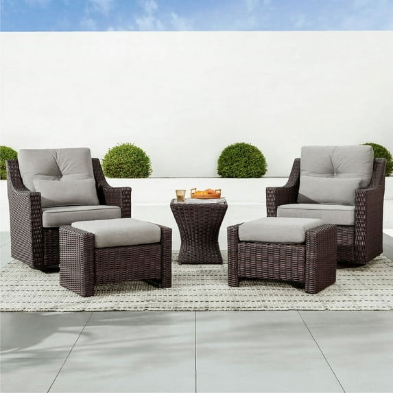 CHITA 5-Piece Outdoor Wicker Patio Furniture Set with Swivel Glider Chair, Outdoor Chestnut Wicker Chair and Ottoman with Cream Cushion, Brownish Gray