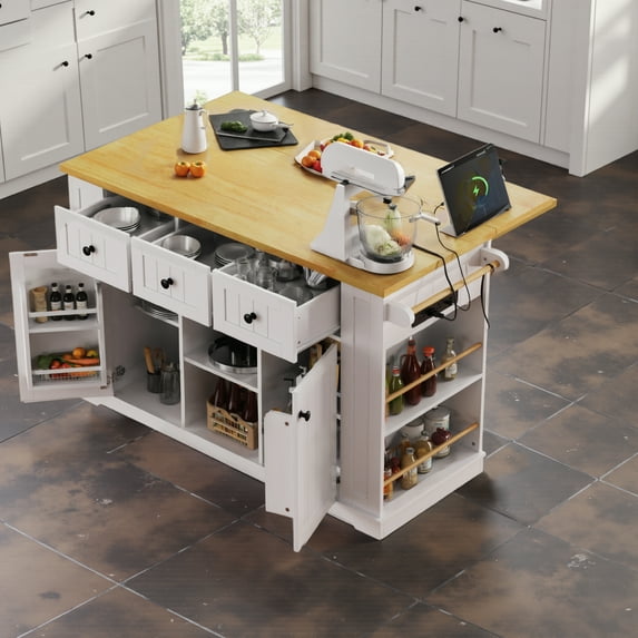 CHITA 53 inch Large Kitchen Island with Drop Leaf, Power Outlet, Door Internal Storage Rack, Rolling Kitchen Cart on 5 Wheels with 5 Open Side Racks for Kitchen, Dining Room