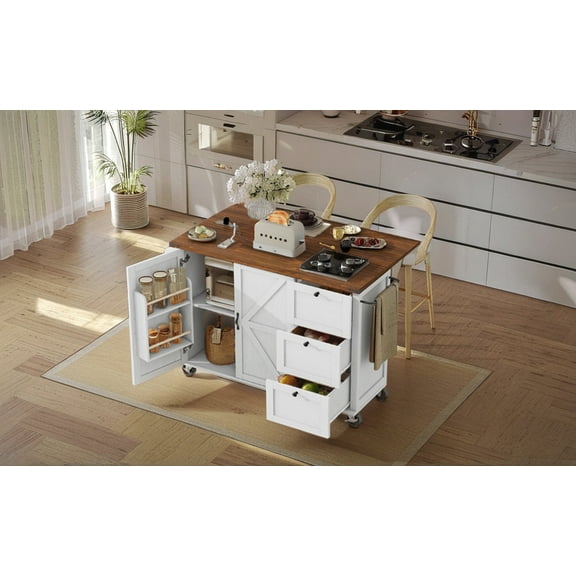 CHITA 54.5" Farmhouse Kitchen Island with Power Outlet, Kitchen Storage Island with Internal Storage Rack, Drop Leaf, Spice Rack, Rolling Kitchen Cart on Wheels, for Home, Kitchen and Dining Room