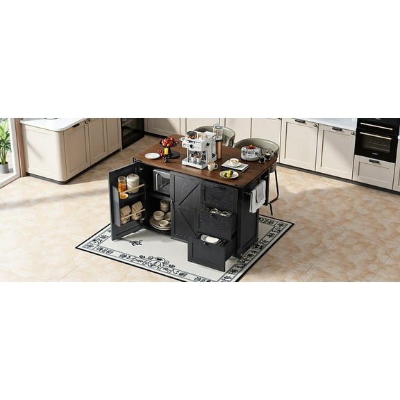 CHITA 54.5" Farmhouse Kitchen Island with Power Outlet, Kitchen Storage Island with Internal Storage Rack, Drop Leaf, Spice Rack, Rolling Kitchen Cart on Wheels, for Home, Kitchen and Dining Room