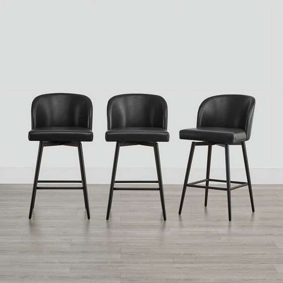 CHITA 27" Swivel Upholstered Counter Bar Stools with Back & Metal Leg Set of 2,Faux Leather in Black