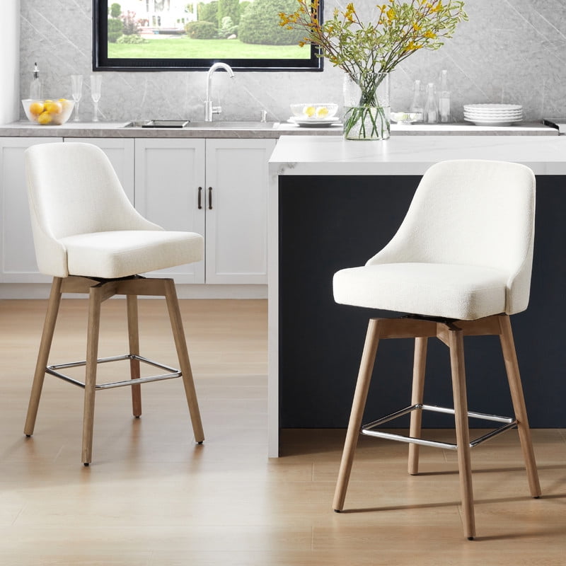 26'' White Upholstered Swivel Counter Stools with Solid Wood Legs