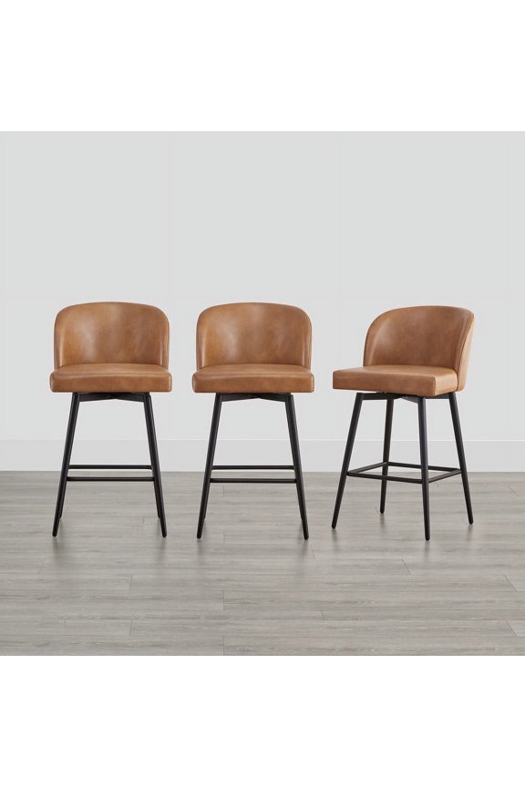 27" Swivel Upholstered Counter Bar Stools with Back & Metal Legs Set of 3,Faux Leather in Cognac Brown