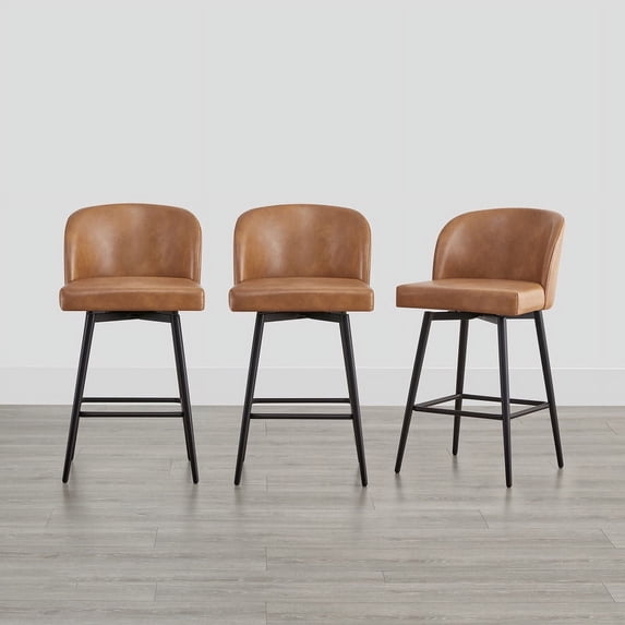 CHITA 27" Swivel Upholstered Counter Bar Stools with Back & Metal Legs Set of 3,Faux Leather in Cognac Brown
