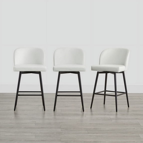 CHITA 27" Swivel Upholstered Counter Bar Stools with Back & Metal Legs Set of 3,Faux Leather in White