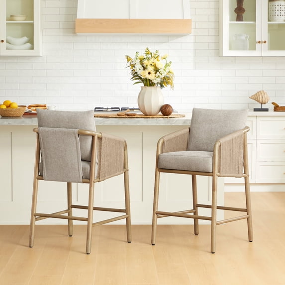 CHITA Counter Height Bar Stool with Braid Wood Arm Set of 2, Fabric in khaki