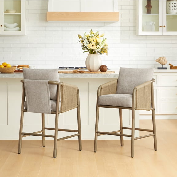 CHITA Counter Height Bar Stool with Braid Wood Arm Set of 2, Fabric in khaki