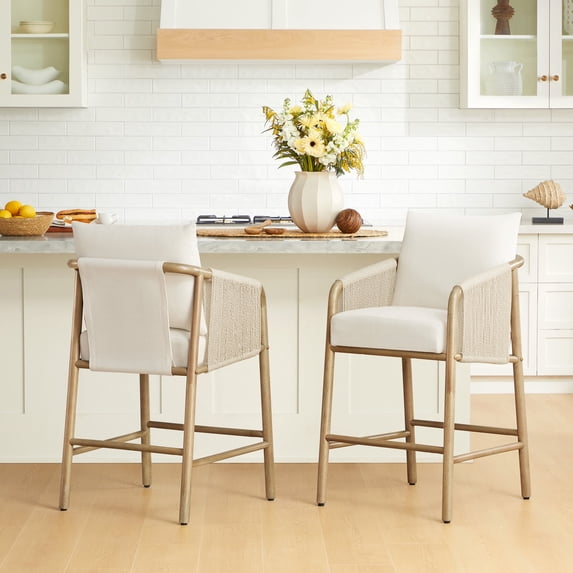 CHITA Counter Height Bar Stool with Braid Wood Arm Set of 2, Fabric in Cream