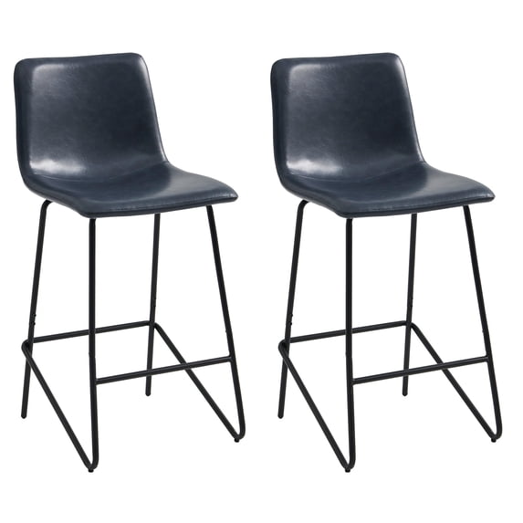 CHITA Counter Height Bar Stools with Metal Base, Set of 2, Faux Leather in Navy Blue