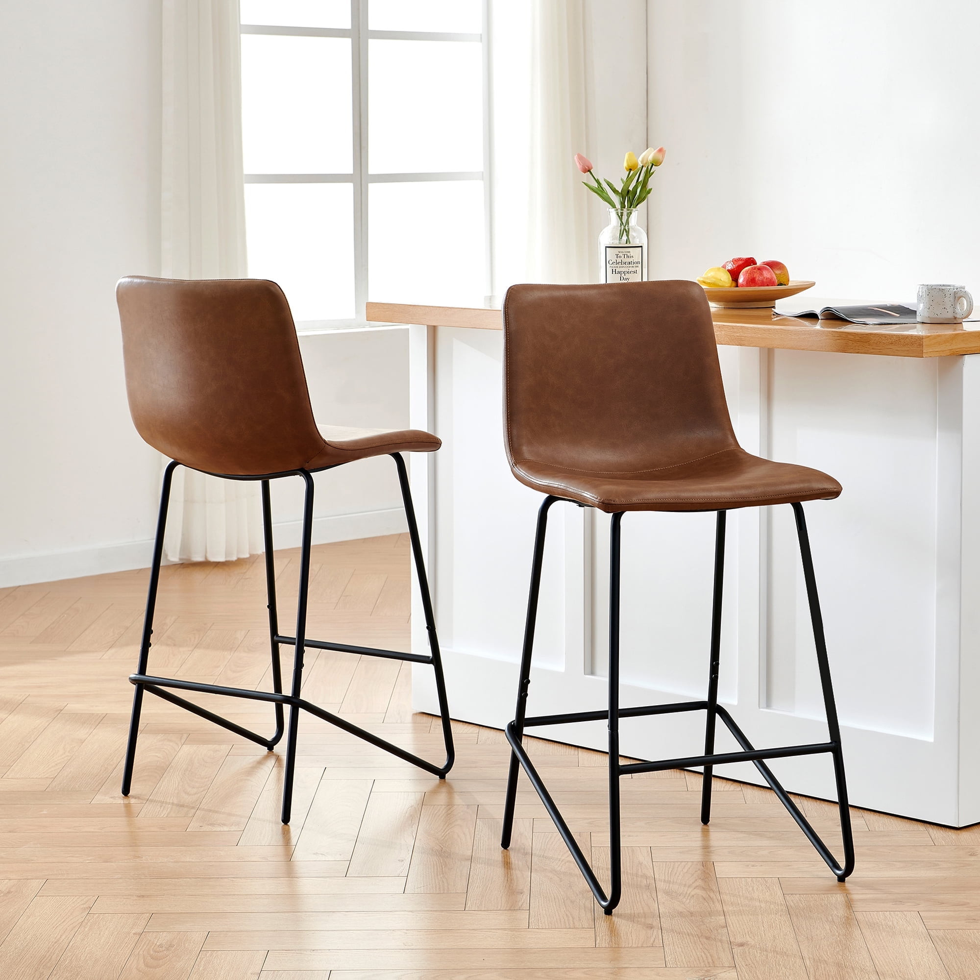 CHITA Comfortable Counter Height Bar Stools, Set of 2, Faux Leather in ...