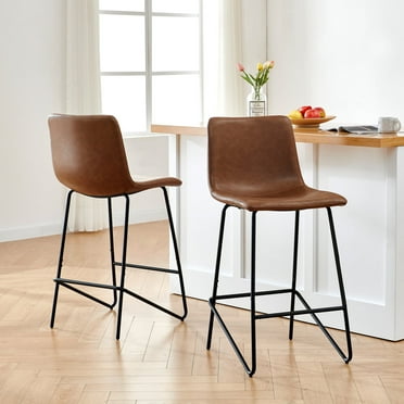 CHITA Counter Height Bar Stools with Metal Base, Set of 2, Faux Leather in Saddle Brown
