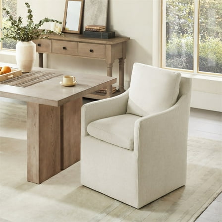 CHITA Dining Arm Chair with Caster Wheels for Kitchen Fabric Upholstered Dining Room Chair, Linen