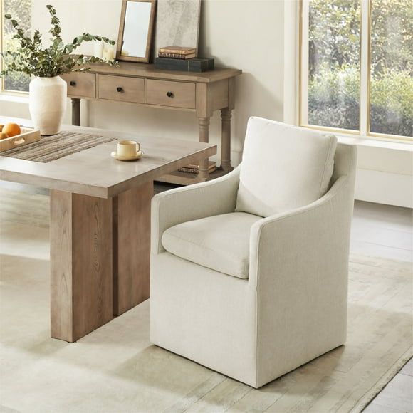 CHITA Dining Arm Chair with Caster Wheels for Kitchen Fabric Upholstered Dining Room Chair, Linen