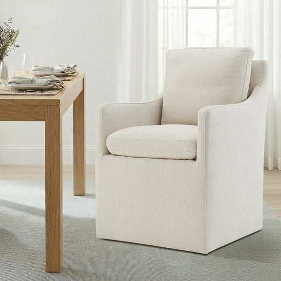 CHITA Dining Arm Chair with Caster Wheels for Kitchen Fabric Upholstered Dining Room Chair, Linen