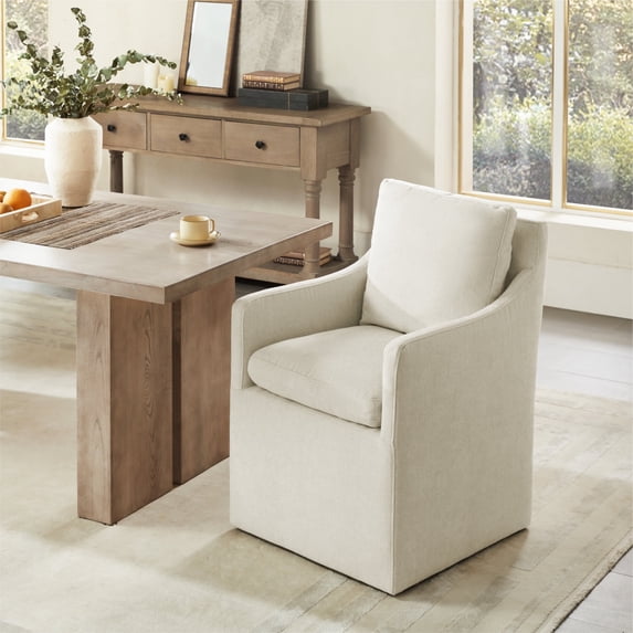 CHITA Dining Arm Chair with Caster Wheels for Kitchen Fabric Upholstered Dining Room Chair, Linen