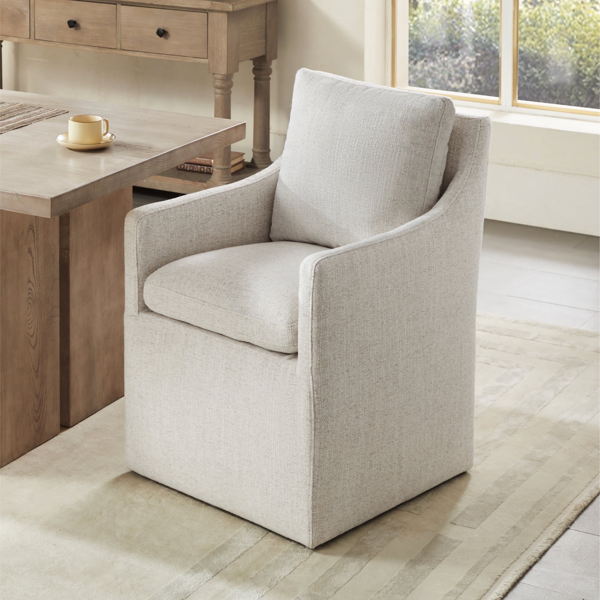 CHITA Dining Arm Chair with Caster Wheels, Fabric Upholstered, Wheat