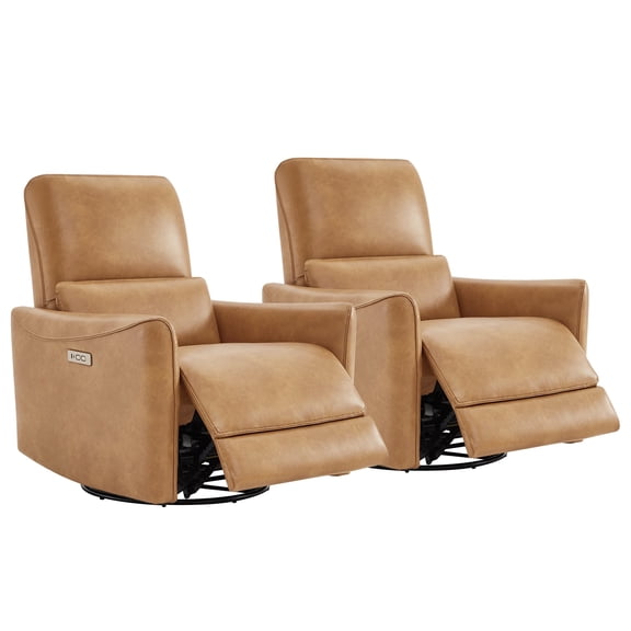 CHITA Electric Power Recliner Swivel Glider Set of 2, Upholstered Faux Leather Nursery Chair Living Room Reclining Sofa Chair, Cognac Brown