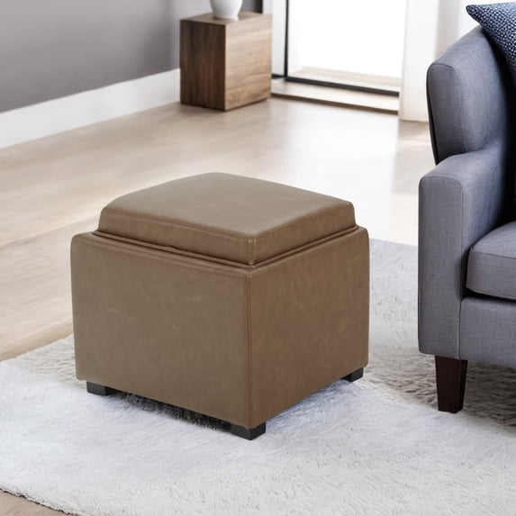 CHITA Storage Stool Ottoman, Foot Rest Stool Seat, Faux Leather, Saddle Brown