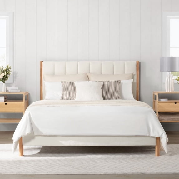 CHITA Full Size Upholstered Platform Bed Frame with Headboard,Cream