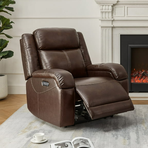 CHITA Genuine Leather Power Recliner Chair with Adjustable Headrest, Brown
