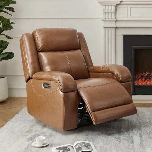 CHITA Genuine Leather Power Recliner Chair with Dual Motors and USB Ports, Saddle