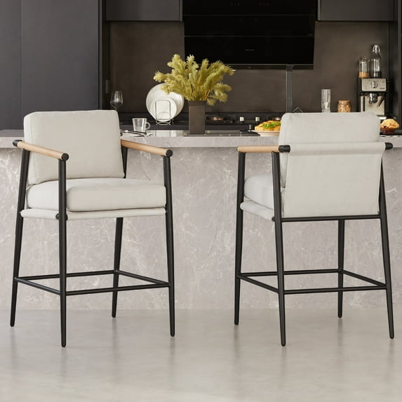 CHITA Modern Counter Stools Set of 2, Upholstered Bar Stools with Metal Frame and Wooden Armrests, Fabric in Beige
