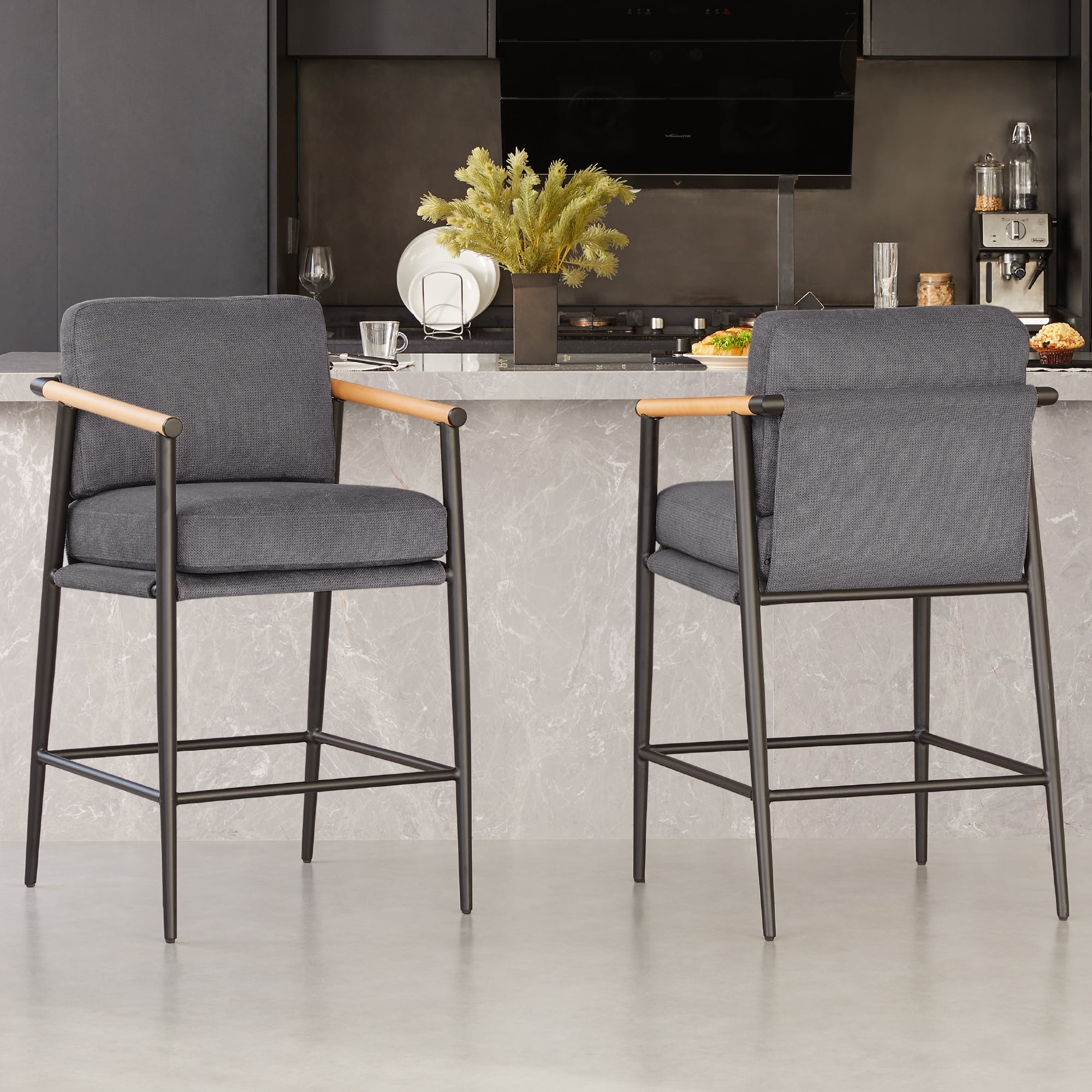 CHITA Modern Backs Natural Height Bar Stools Set of 2 Metal Frame Wooden Armrests Gray Upholstery Walmart