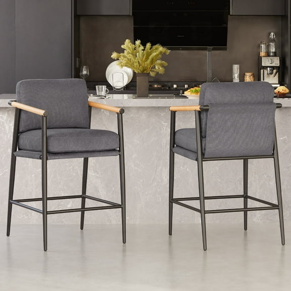 CHITA Modern Counter Stools Set of 2, Upholstered Bar Stools with Metal Frame and Wooden Armrests, Fabric in Gray