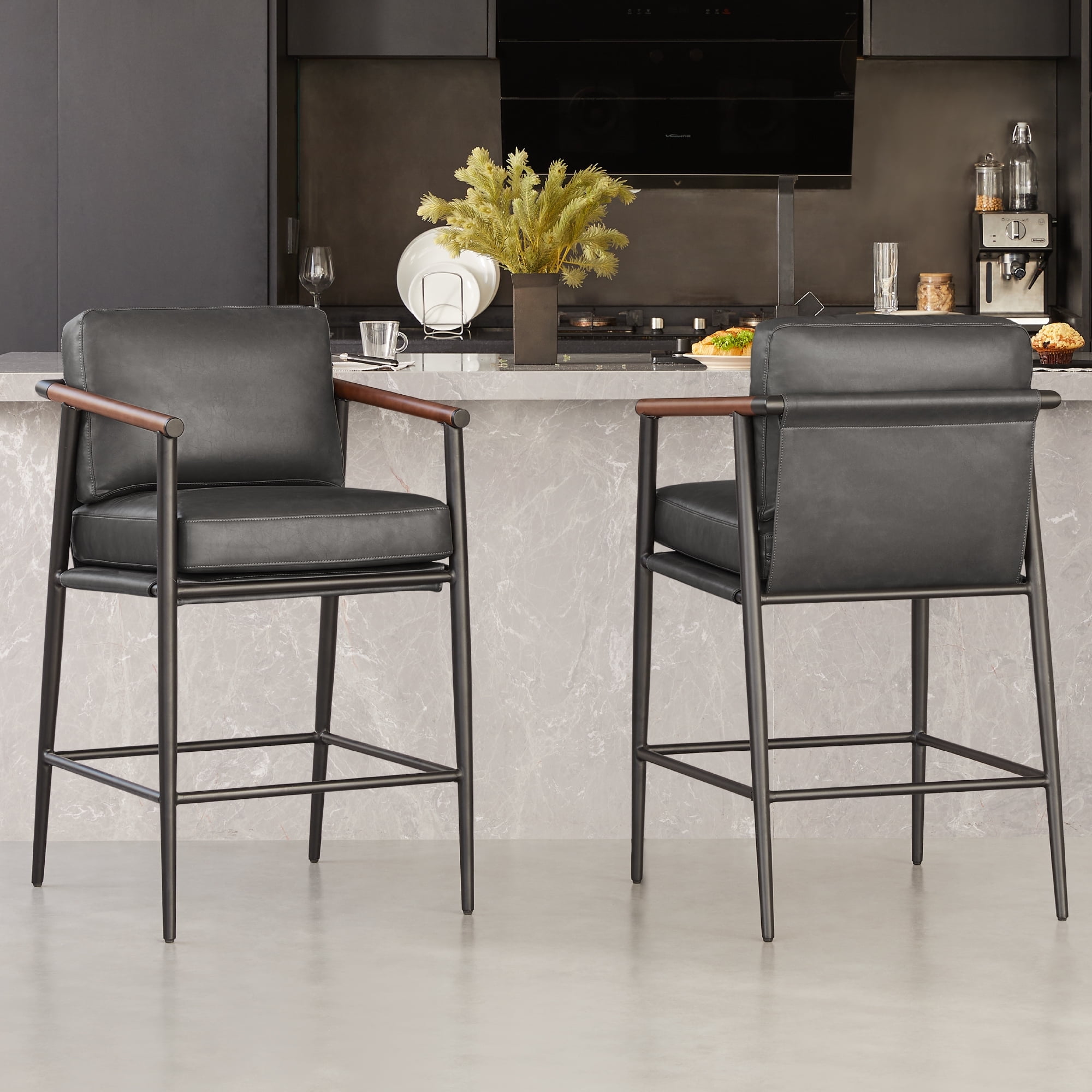 CHITA Modern Counter Stools Set of 2, Upholstered Bar Stools with Metal Frame and Wooden Armrests, Faux Leather in Retro Gray