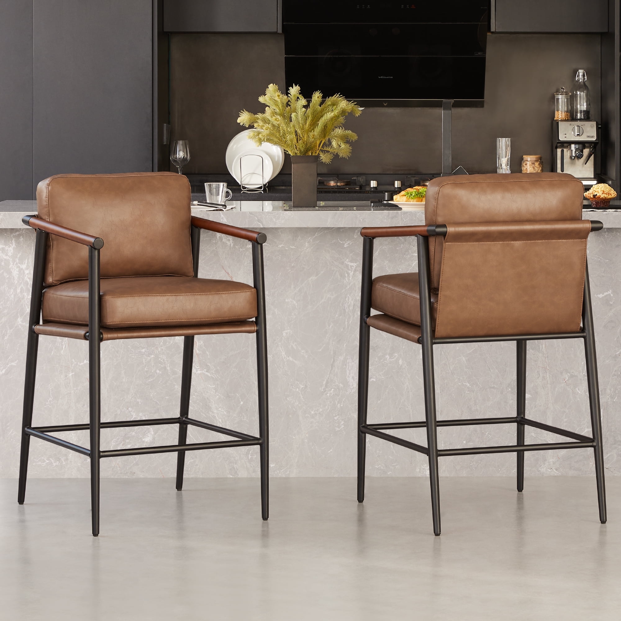 Saddle Brown Faux Leather and Metal Counter Stools, Set of 2