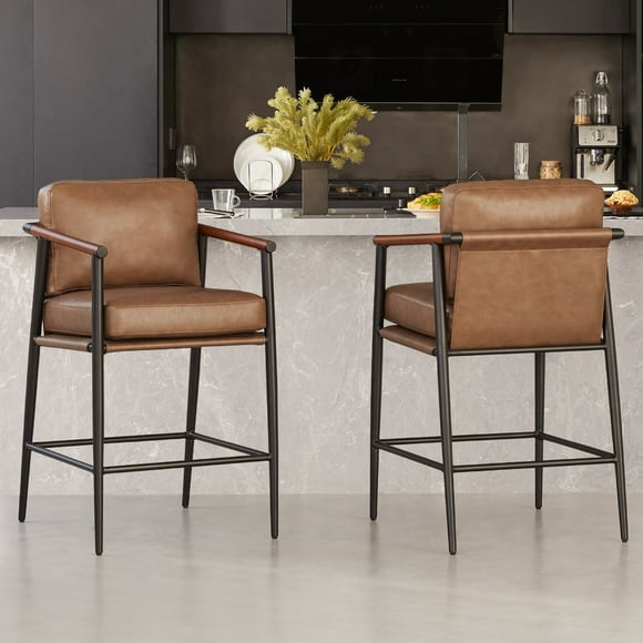 CHITA Modern Counter Stools Set of 2, Upholstered Bar Stools with Metal Frame and Wooden Armrests, Faux Leather in Saddle Brown