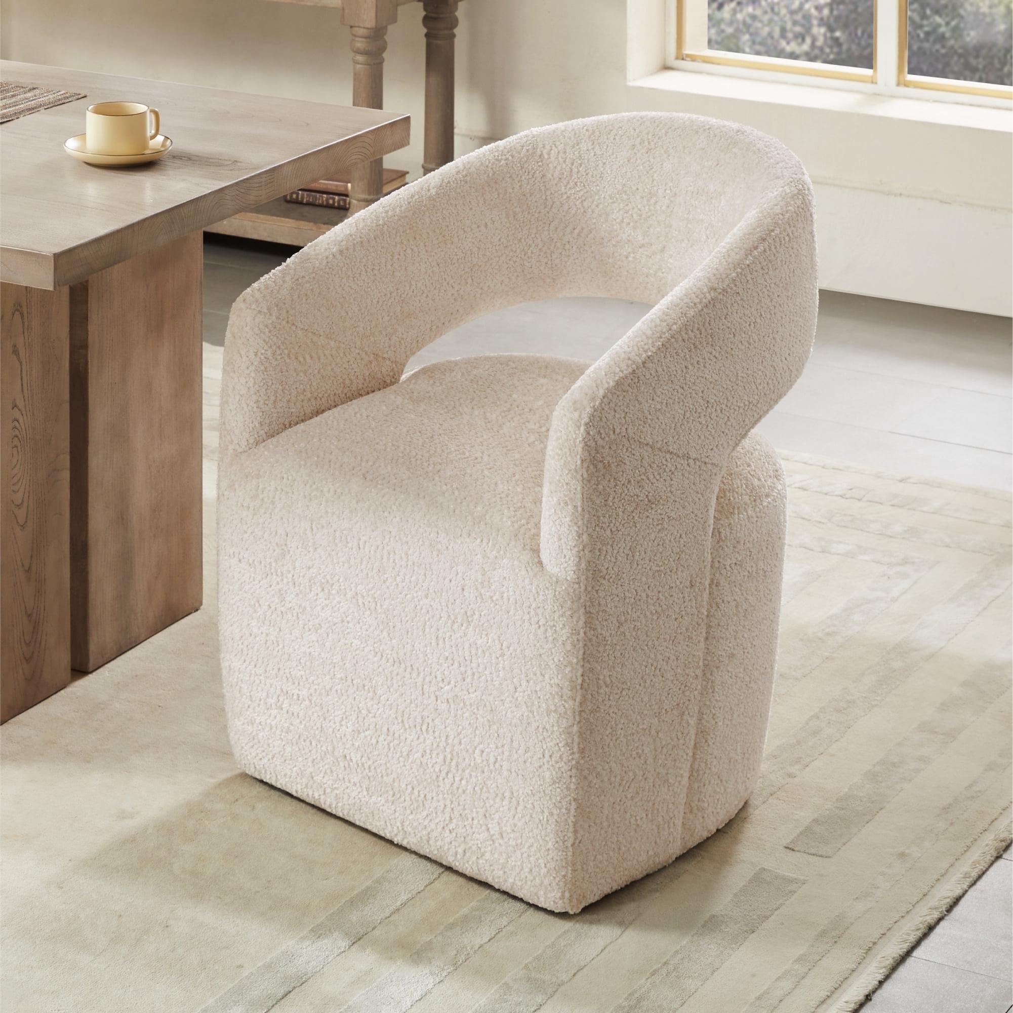 CHITA Modern Dining Chair with Caster Wheels & Open Back, Upholstered Dining Room Chairs, Fabric in Beige