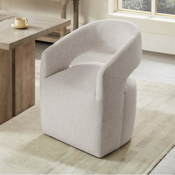 CHITA Modern Dining Chair with Caster Wheels & Open Back, Upholstered Dining Room Chairs, Fabric in Wheat