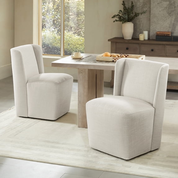 CHITA Modern Dining Chair with Casters Set of 2, Upholstered Dining Room Chairs, Fabric in Linen