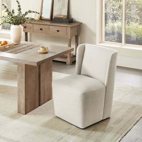 CHITA Modern Dining Chair with Casters, Upholstered Dining Room Chairs, Fabric in Linen
