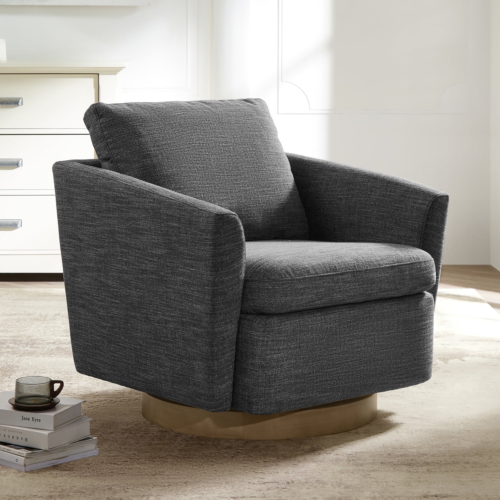 CHITA Modern Swivel Accent Arm Chair Faux Leather with Foam Cushion Wood Base Cognac Brown Walmart