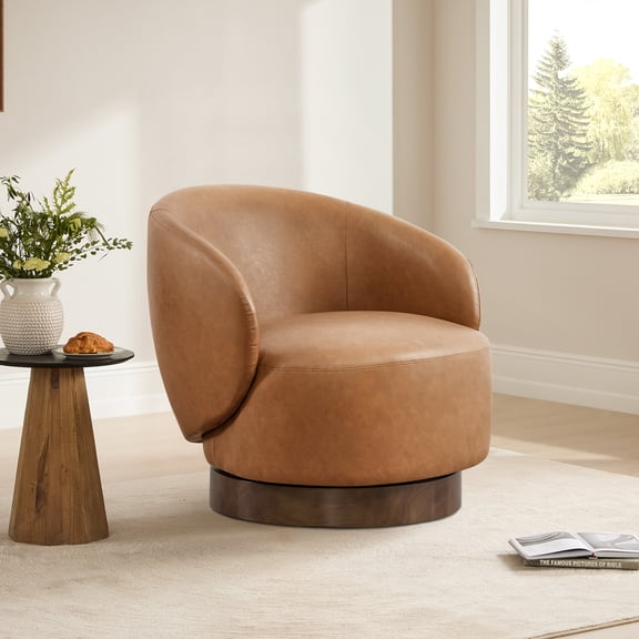 CHITA Modern Swivel Accent Chair, Round Upholstered Barrel Arm Chair with Wood Base for Living Room & Bedroom, Faux Leather, Saddle Brown, Single