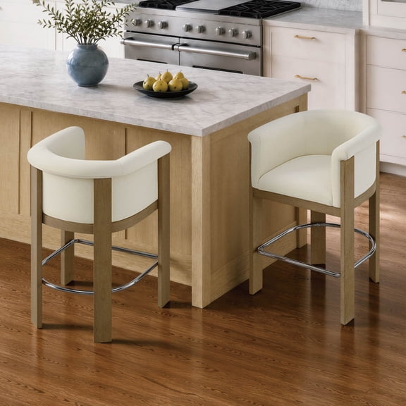 CHITA Modern Upholstered Bar Stools Set of 2, Counter Height Bar Stools with Curved Barrel Back & Rubberwood Frame, Cream Fabric