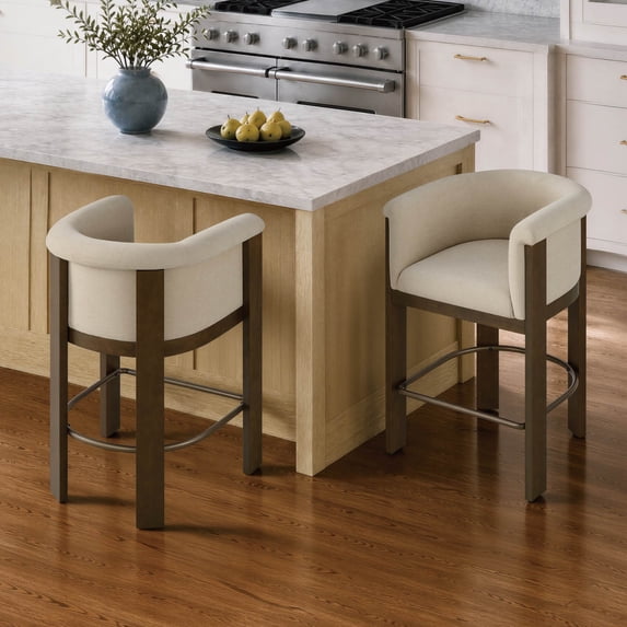 CHITA Modern Upholstered Bar Stools Set of 2, Counter Height Bar Stools with Curved Barrel Back & Rubberwood Frame, Sand Fabric