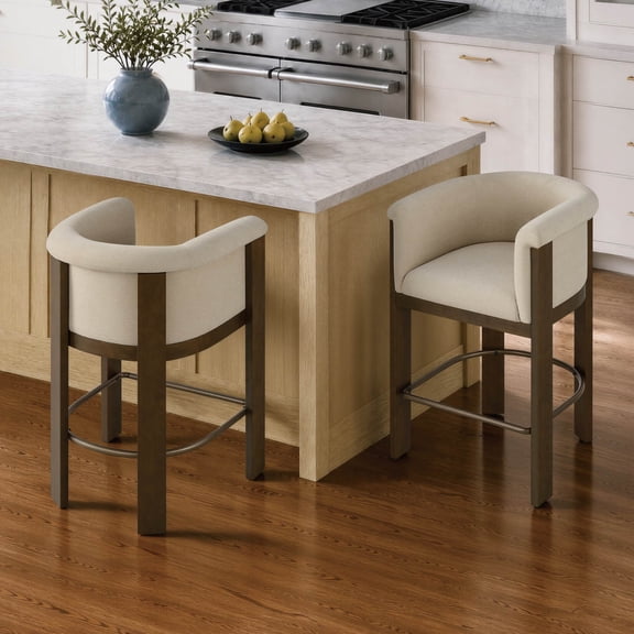 CHITA Modern Upholstered Bar Stools Set of 2, Counter Height Bar Stools with Curved Barrel Back & Rubberwood Frame, Sand Fabric