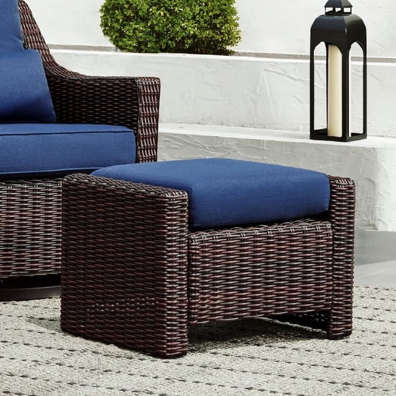 CHITA Outdoor Chestnut Half Rround Wicker Ottoman with Cushion, Blue