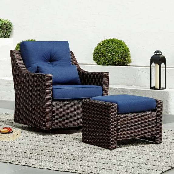 CHITA Outdoor Chestnut Wicker Swivel Glider Chair and Ottoman with Cushion, Blue