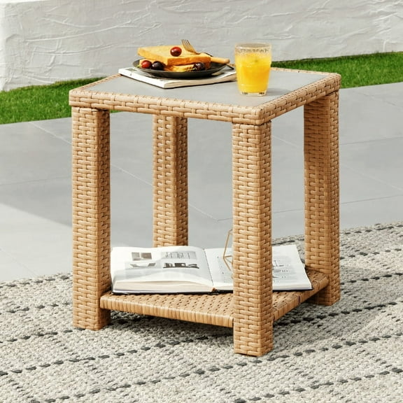 CHITA Outdoor Flat Wicker Side Table, Light Brown