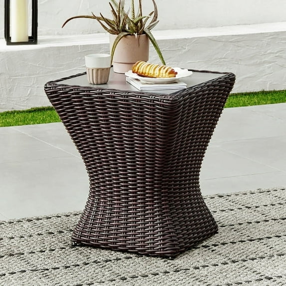 CHITA Outdoor Half Rround Wicker Side Table, Chestnut