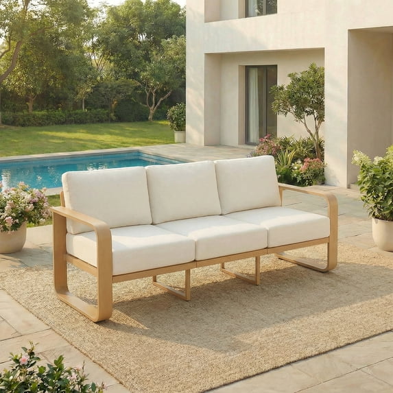 ReNest Outdoor Patio 3-Seater Sofa, Aluminum Wood-Grain Couch with 6.3" Thick Olefin Cushions, Rustproof & Water-Repellent, Cream