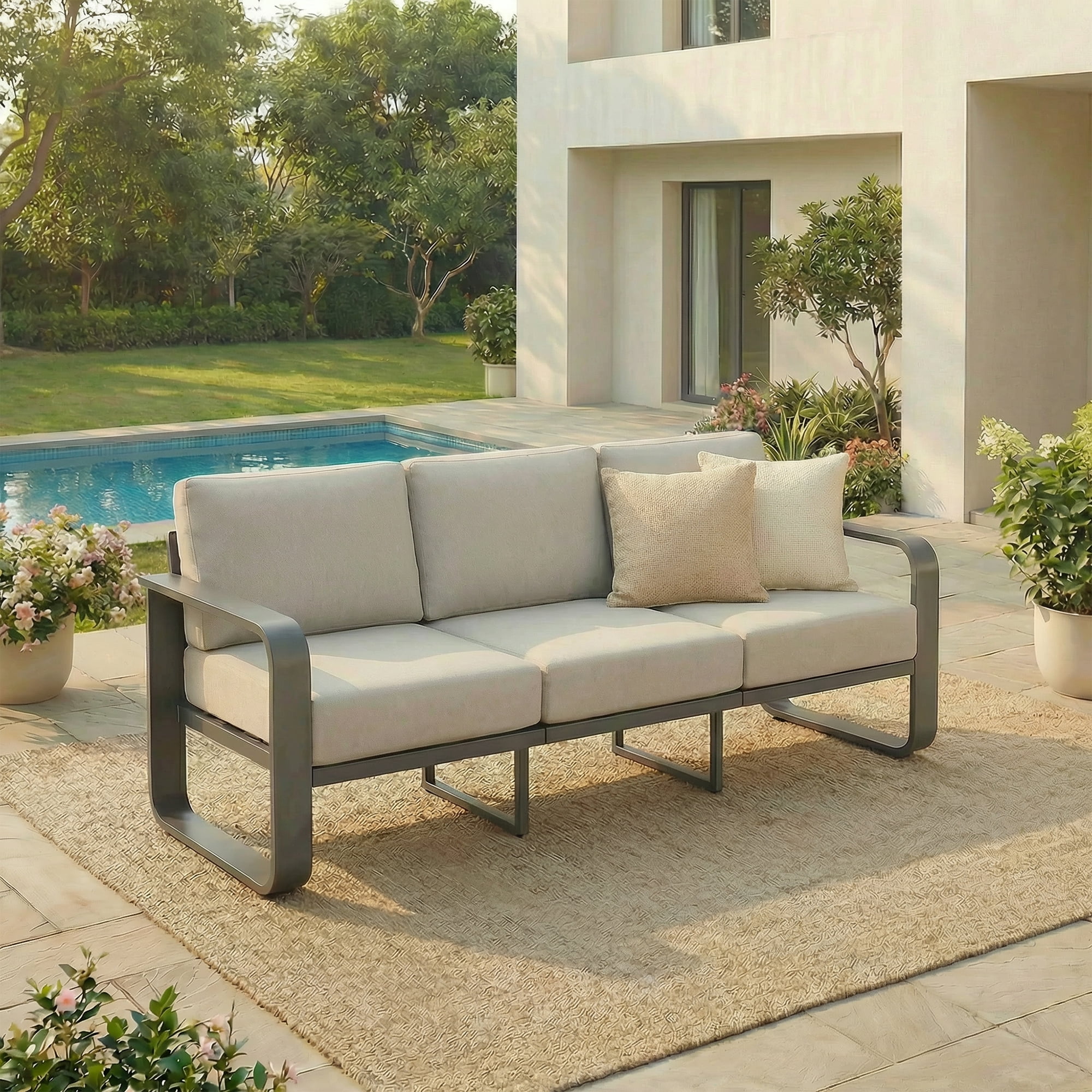 CHITA Outdoor Patio 3-Seater Sofa, Aluminum Wood-Grain Couch with 6.3" Thick Olefin Cushions, Rustproof & Water-Repellent